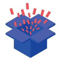Blue cardboard box opening and exploding with abstract confetti in isometric view vector