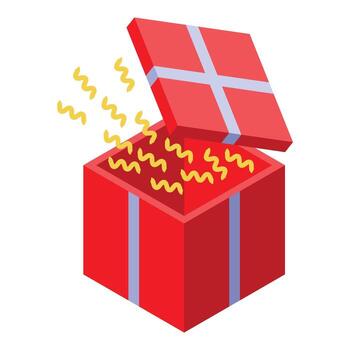 rojo regalo caja apertura con papel picado explotando fuera isométrica ver vector