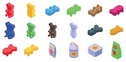 Jelly bears icons set. Set of colorful gummy bears in different poses and packaging for candy store vector
