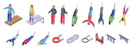 Jumping down bungee cord icons set. People bungee jumping from bridge with instructor holding rope and elastic equipment vector