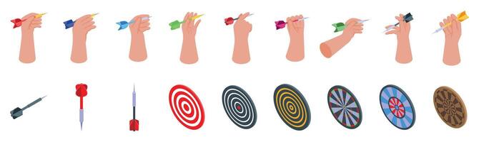 Hand holds dart icons set. Person throwing darts at target with different types of darts and boards vector