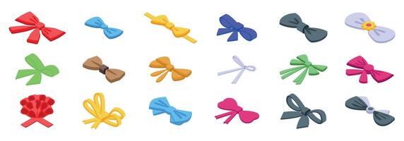 Bowknots icons set. Set of different knots for decorating gifts and accessories in isometric view vector
