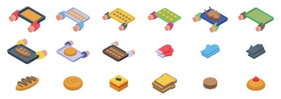 Hands hold oven tray icons set. Bakers team holding baking trays with bread pastry and cookies isometric view vector