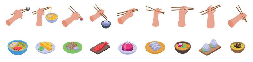 Hands holding chopsticks icons set. Person using chopsticks to eat asian food isometric set vector