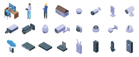 Video surveillance system icons set. Security system protecting building using modern technologies, cctv control service monitoring surveillance cameras vector
