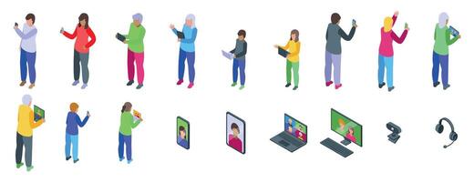 Communicates remotely family icons set. People connecting online using modern devices for video conferencing and chatting isometric icons set vector