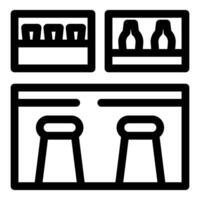 Line art icon of a bar with stools and shelves holding bottles of alcohol vector