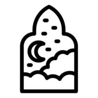 Night sky with crescent moon and clouds in mosque window frame line icon vector