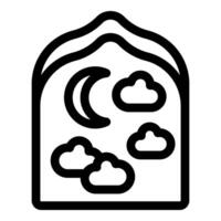 Night sky with crescent moon and clouds in window frame line icon vector