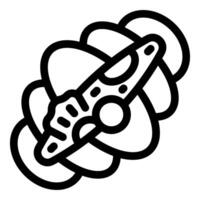 Black and white icon of a spacecraft flying through orbiting planets vector