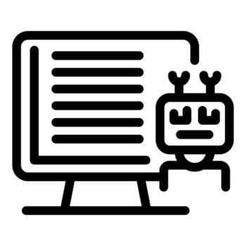 Robot writing code on desktop computer screen icon vector