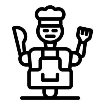 robot cocinero participación tenedor y cuchillo vistiendo delantal línea icono vector
