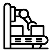 Robotic arm moving boxes on production line icon, outline style vector