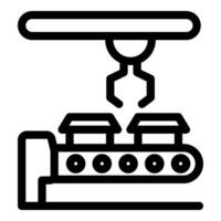 Robotic arm moving boxes on conveyor belt in factory vector