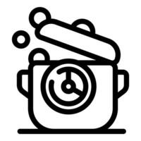 Cooking pot with open lid releasing steam showing timer icon outline vector