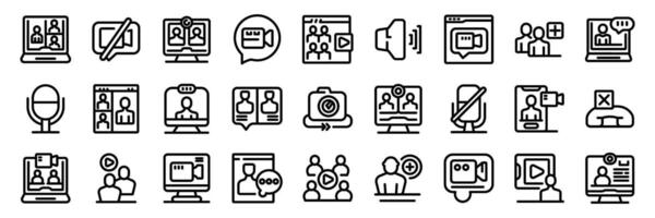 Videocall icons set. People using video call app for online meeting and conference on computer screen icon set vector