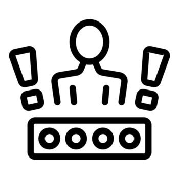 Person standing behind desk experiencing information overload with exclamation marks vector