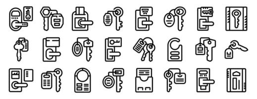 Door key hotel room icons set. Hotel key icon set. Reception desk giving key with room number for client. Check in concept vector