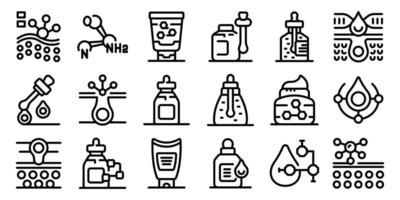 Niacinamide icons set. Scientists developing innovative skincare products using nanotechnology and biochemistry vector