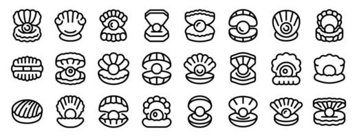 Seashells pearls icons set. Set of various pearl jewelry and oyster shell icons featuring open and closed shells vector
