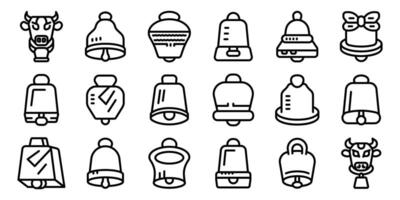 Cowbell icons set. Set of cowbells icons showing different shapes and uses for farm animals and more vector