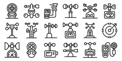 Anemometer icons set. Anemometer measuring wind speed and direction showing air velocity vector
