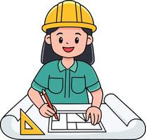 A woman in hard hat and helmet writing on paper vector
