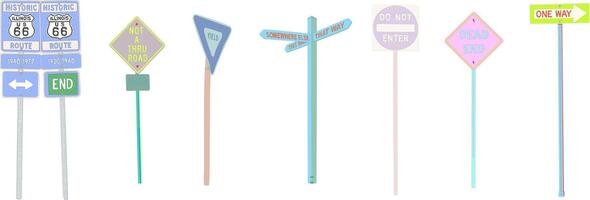 Set of Road Signs Route 66, Not a Thru Road, Yield, Somewhere Else, Do Not Enter, Dead End, One Way vector