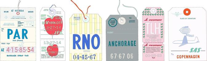 Set of 6 Baggage Labels Colorful Tags for Traveling Flight Check-In Carry On Luggage Paris NYC Reno Anchorage Copenhagen vector