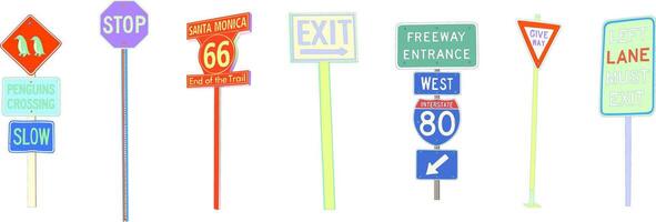 Set of Road Signs Penguins Crossing, Stop, Route 66, Exit, Freeway Entrance, Give Way, Left Lane Must Exit vector