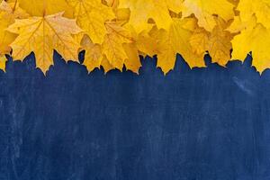 Autumn leaves frame on blue background top view Fall Border yellow and Orange Leaves vintage structure table Copy space for text. photo