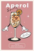 Aperol trendy poster with retro cocktail character. Mascot for bars and restaurants.60's and 70's character for retro posters and postcards in modern groovy style.Bar menu concept. vector