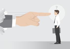 hand breaching wall finger point man to show scapegoat in working environment blame him for false accusation at performance vector