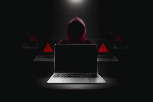 Crime and attack technology concept by hacker , Grey laptop with black blank screen and red hacker blurred in a black darkness background with lights shining down from above. photo