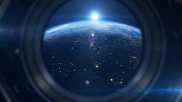 Gorgeous view of sunrise. Earth from space. Window of spaceship. photo