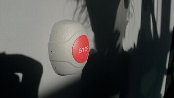 Stop Button and the Hand of Worker About to Press it. emergency stop button. Big Red emergency button or stop button for manual pressing. photo