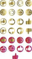 Like, dislike and neutral thumb symbols in gold color. Feedback and rating thumbs up and thumbs down icons set. Thumbs up, down and sideways symbol icon set. vector