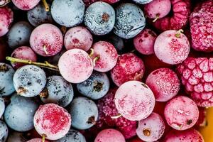 frozen berries, black currant, red currant, raspberry, blueberry. top view. macro photo