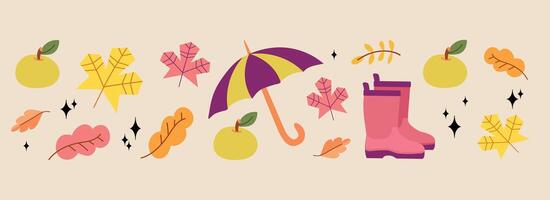 Autumn horizontal background banner with leaves, apples, umbrella and rain boots vector