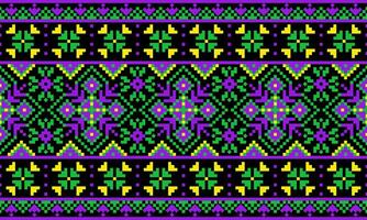 a detailed pattern composed of pixel designs with yellow ,green and purple square on black background , design for fabric or various pattern printing works. vector