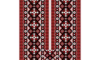 a detailed pattern composed of pixel designs with red and white square on black background , design for collar. vector