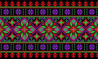 a detailed pattern composed of pixel designs with red ,green and purple square on black background , design for fabric or various pattern printing works. vector