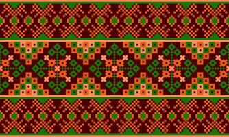 a detailed pattern composed of pixel designs with green and orange square on red background , design for fabric or various pattern printing works. vector