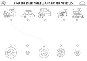 Transportation black and white matching activity with cute transport and missing parts. Match the objects game or puzzle with car, bike. Match up coloring page with vehicle. Find the wheel vector