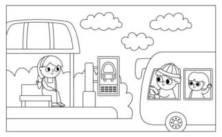 black and white horizontal scene with girl sitting on a stop and bus with driver, passengers. Transportation line illustration or coloring page. Cute kid waiting transport vector