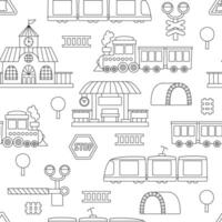 black and white railway transport seamless pattern. Funny line railroad transportation repeating background with train, steam train, tunnel for kids. Cute rail vehicles coloring page vector
