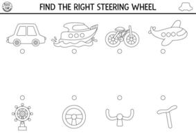 Transportation black and white matching line activity with cute transport and missing parts. Match the objects game with car, bike, boat. Match up coloring page with vehicle, steering wheels vector