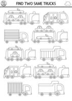 Find two same trucks. Transportation black and white matching activity for children. City transport line educational quiz worksheet for kids for attention skills. Coloring page with cute lorries vector