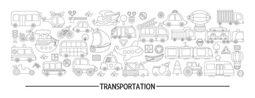 black and white transportation horizontal set with different kinds of transport. Line road trip card template or frame design for banners, invitations. Cute illustration, coloring page with bus, car vector