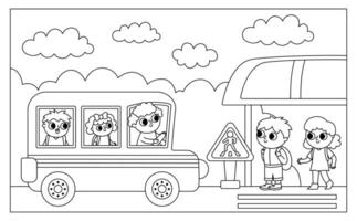 black and white horizontal scene with kids on a stop and arriving school bus with driver, passengers. Transportation line illustration, coloring page. Cute boy, girl waiting for transport vector
